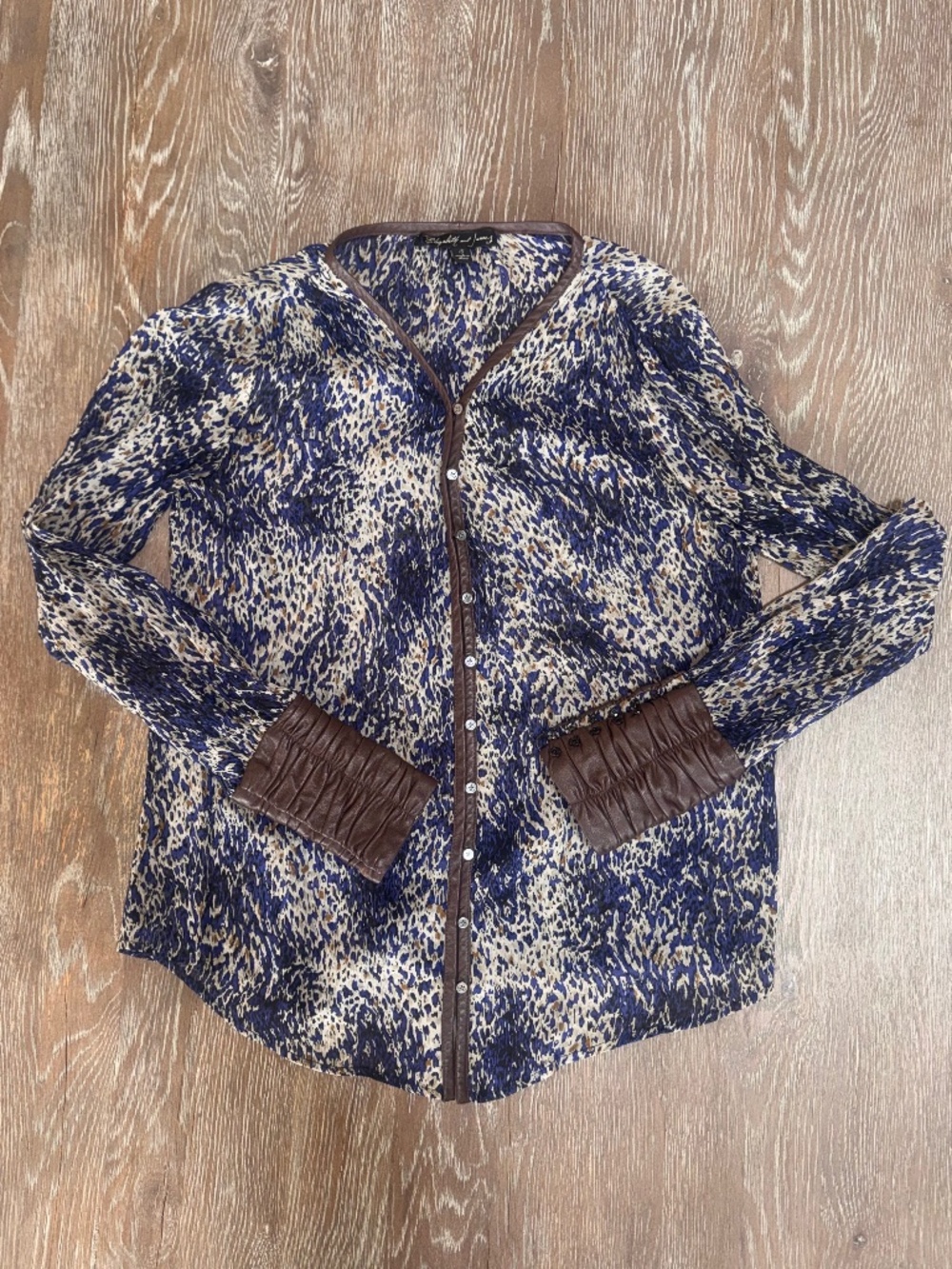 Elizabeth and James Chantal concord blue ivory Brown Leather-trim blouse Small